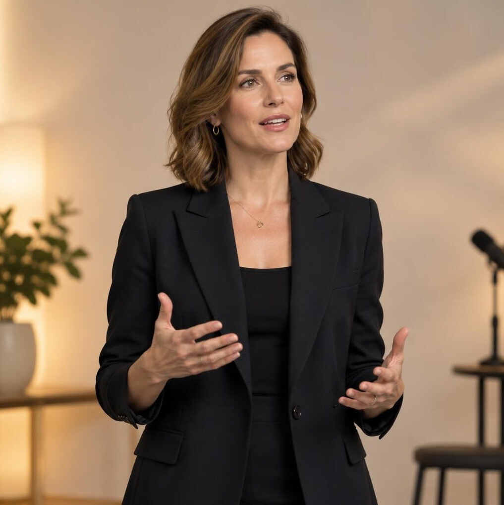 Elegant woman speaking confidently in a softly lit studio