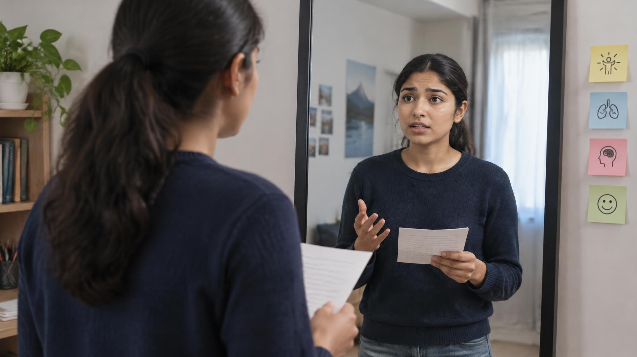 person practicing speech in mirror