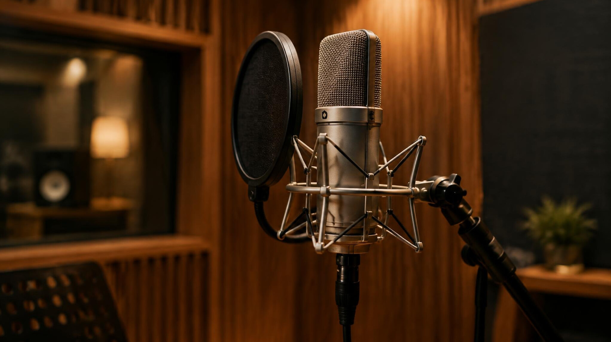 Professional studio microphone in a warm recording booth