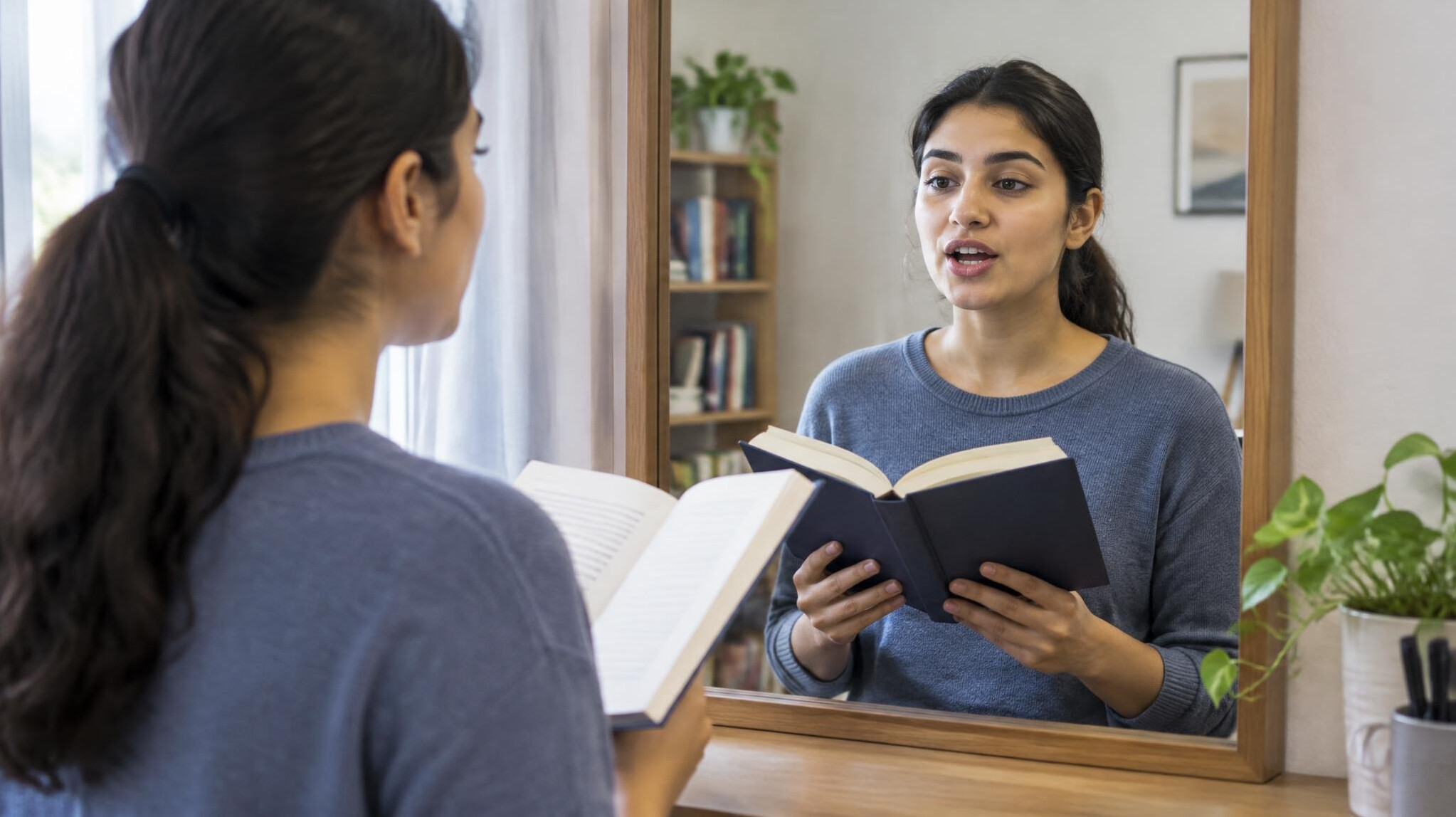 woman practicing speech in mirror