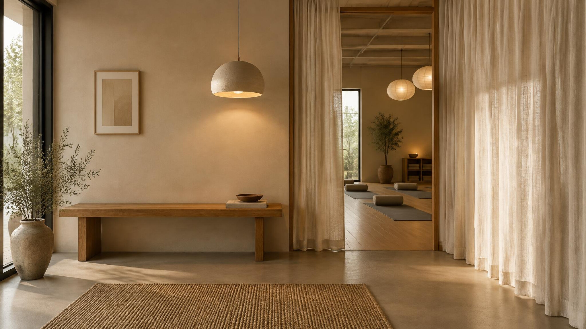Warm minimalist studio entrance with wooden bench