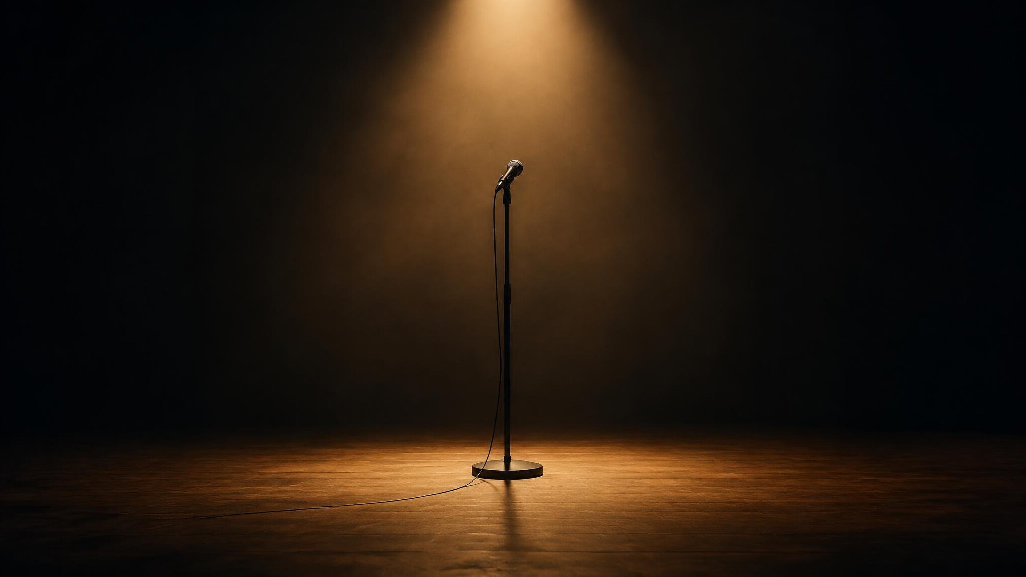 Softly lit empty studio stage with a single standing microphone