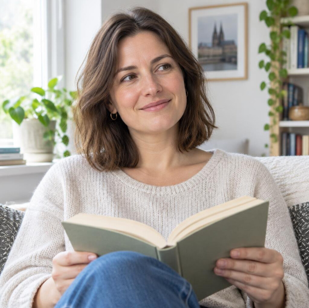 Woman reading a book in a bright room