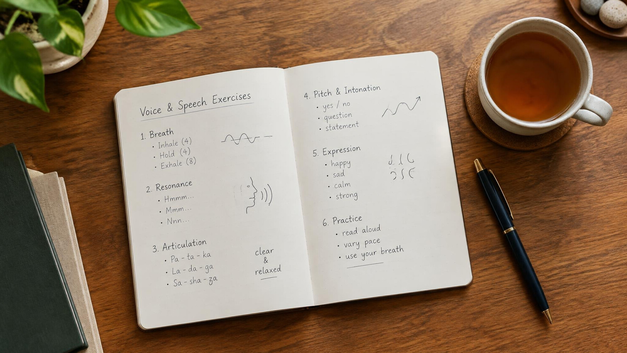 Open notebook with handwritten exercise notes on a wooden desk
