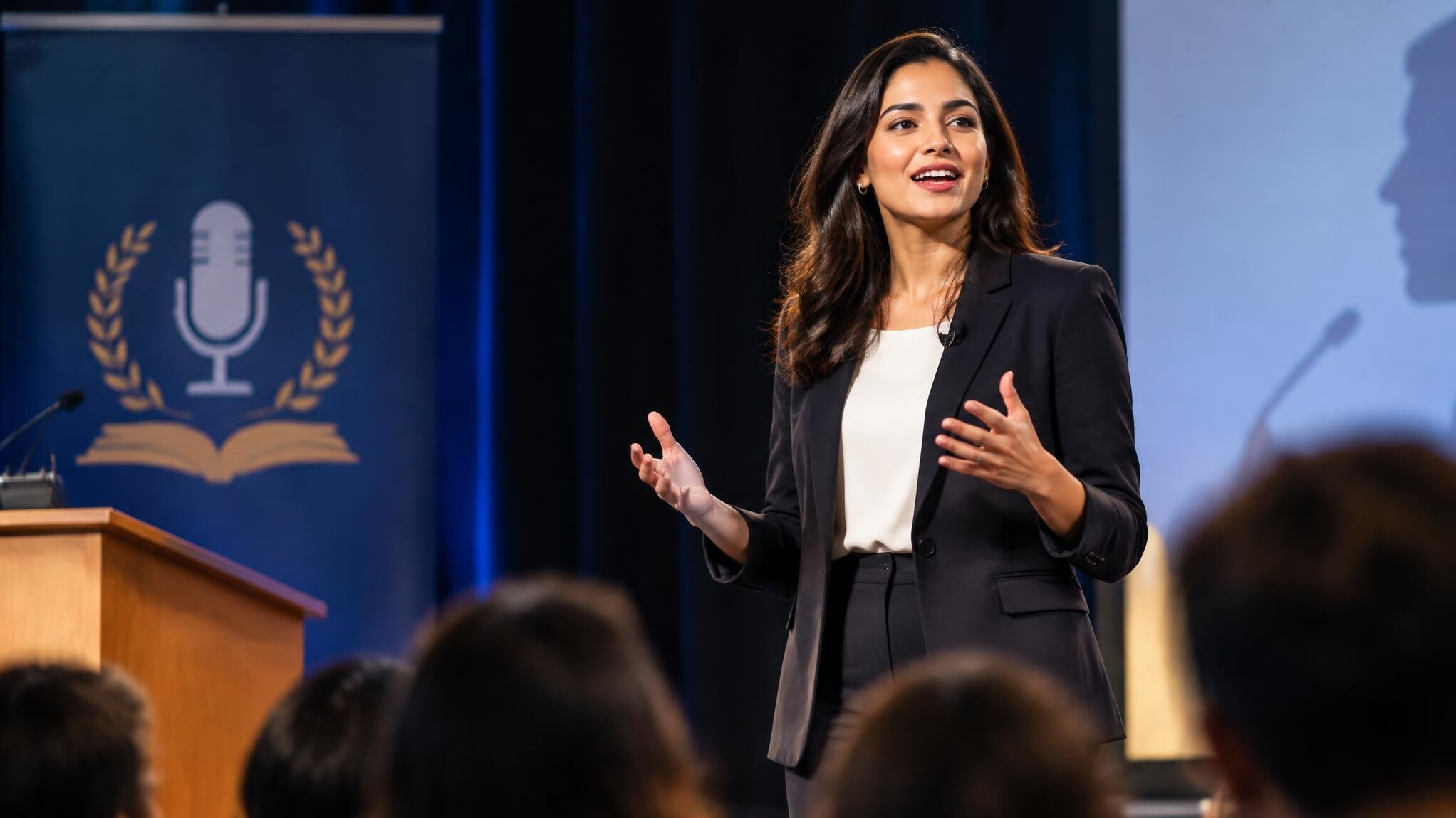 confident speaker on stage