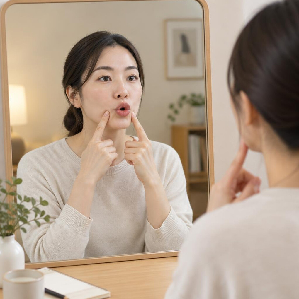 Woman practicing articulation exercises in front of a mirror