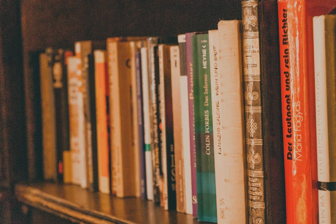 Books on a shelf in dim warm light