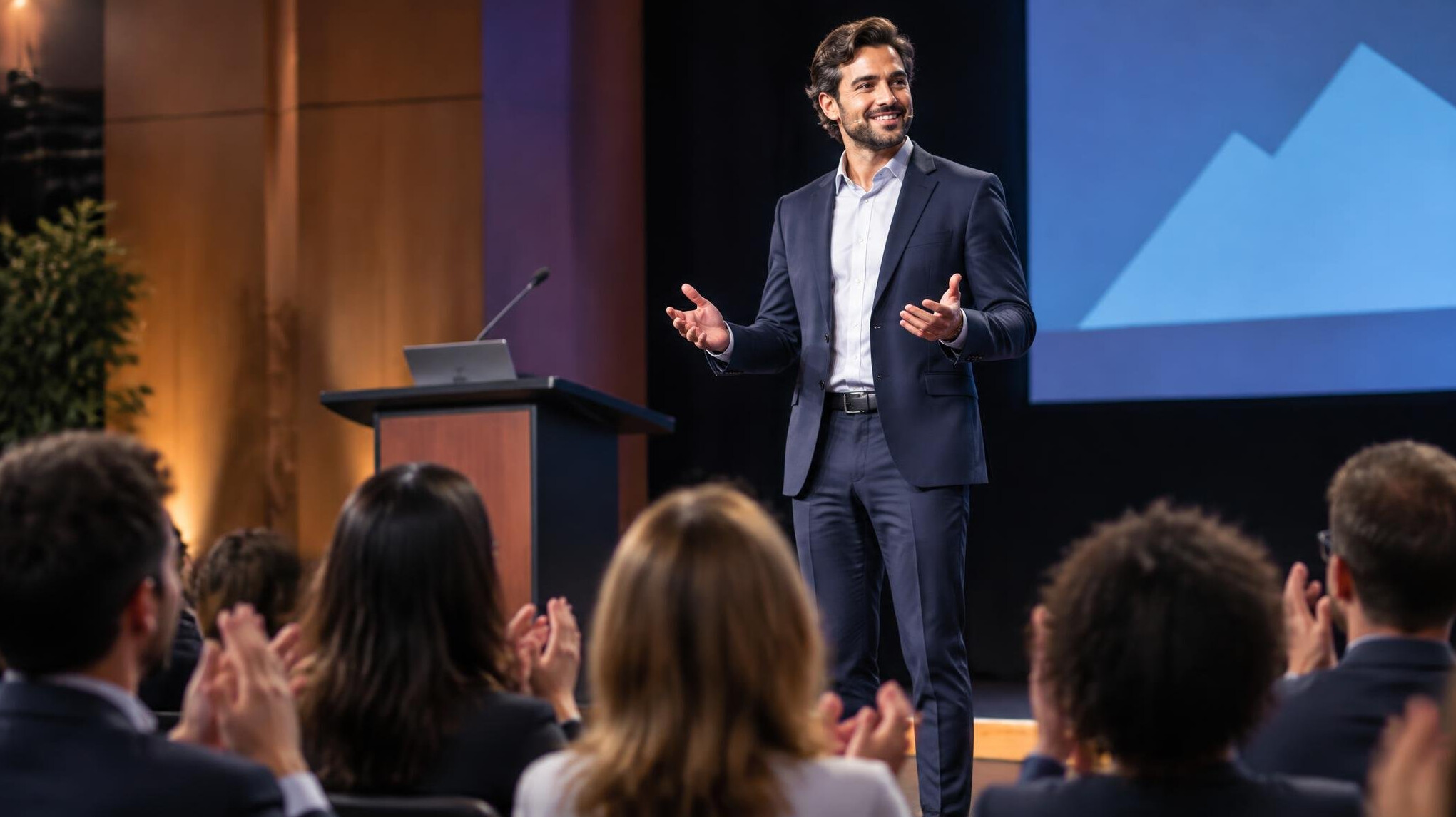 confident speaker on stage